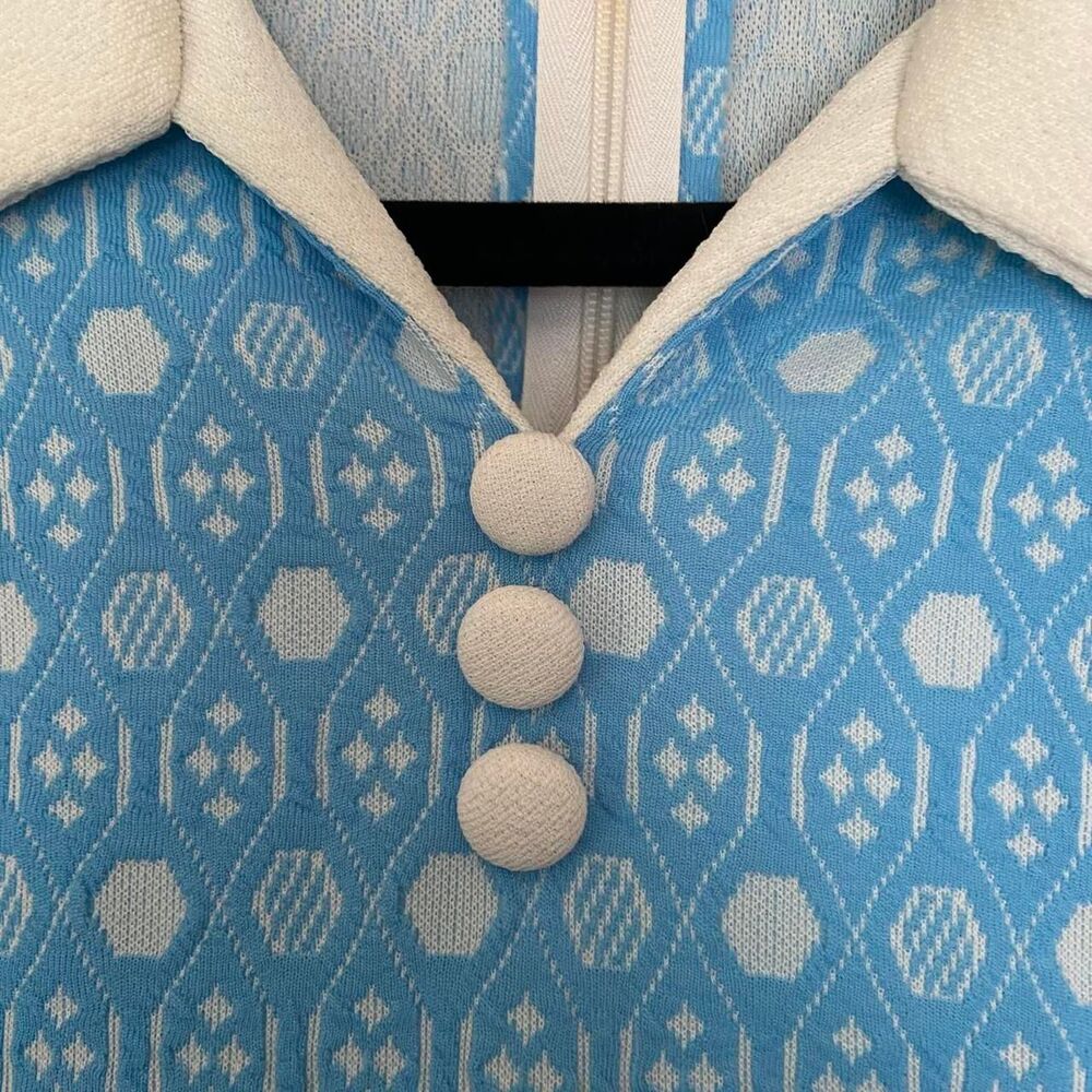 Vintage 70s blue and white daggar collar mini dress - Picture 3 of 6